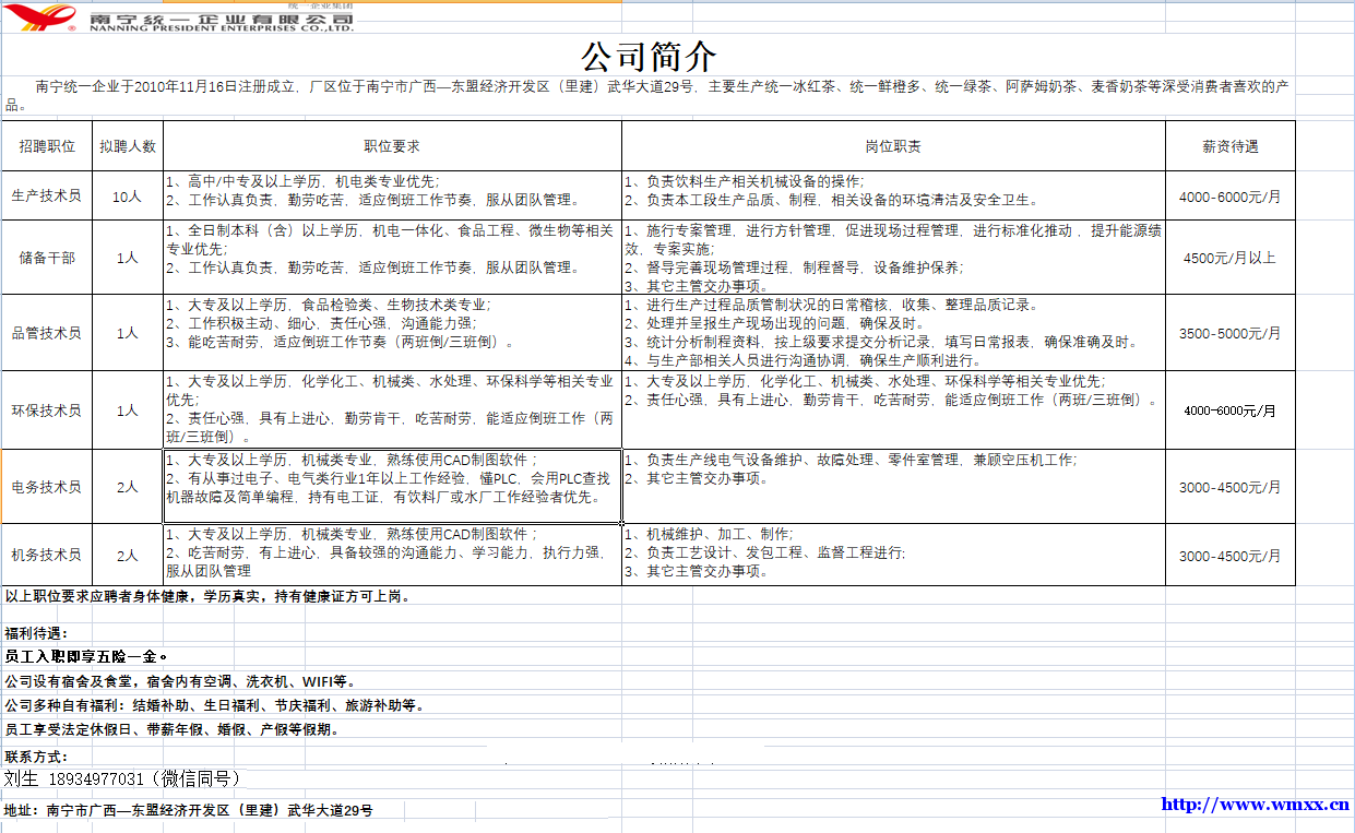 统一企业招聘：生产/品保/环保/电务/机务技术员及一名储备干